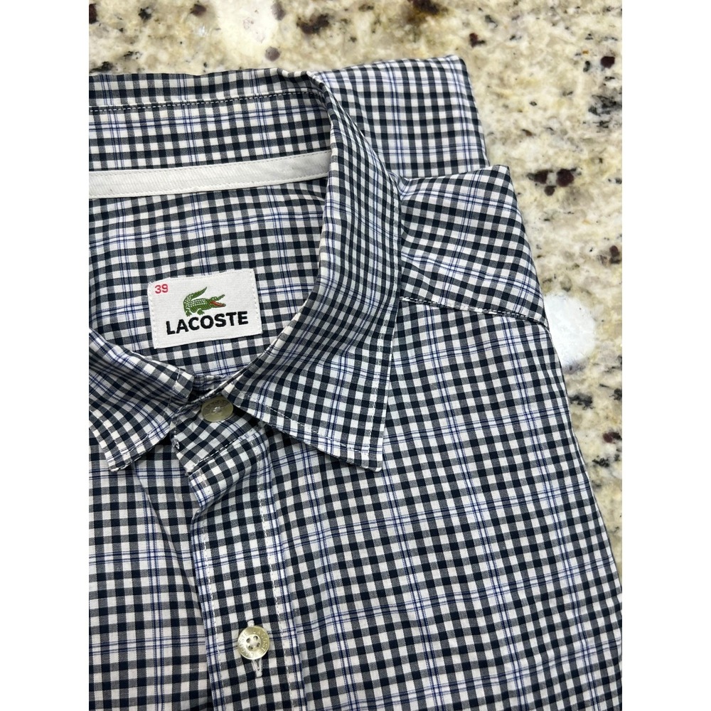 Lacoste Mens Gingham Button Down Shirt Black Blue White Long Sleeve Logo Pocket